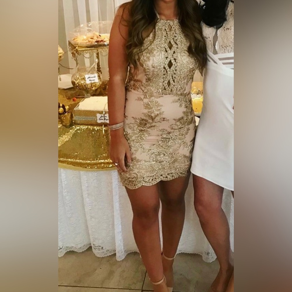 Gorgeous gold detailed and lace dress from Xenia